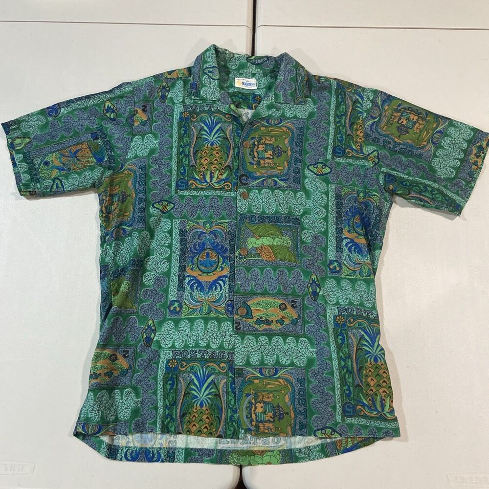 ANDRADE HONOLULU Vintage 60s Hawaiian Camp Shirt Postal Stamp Green M?